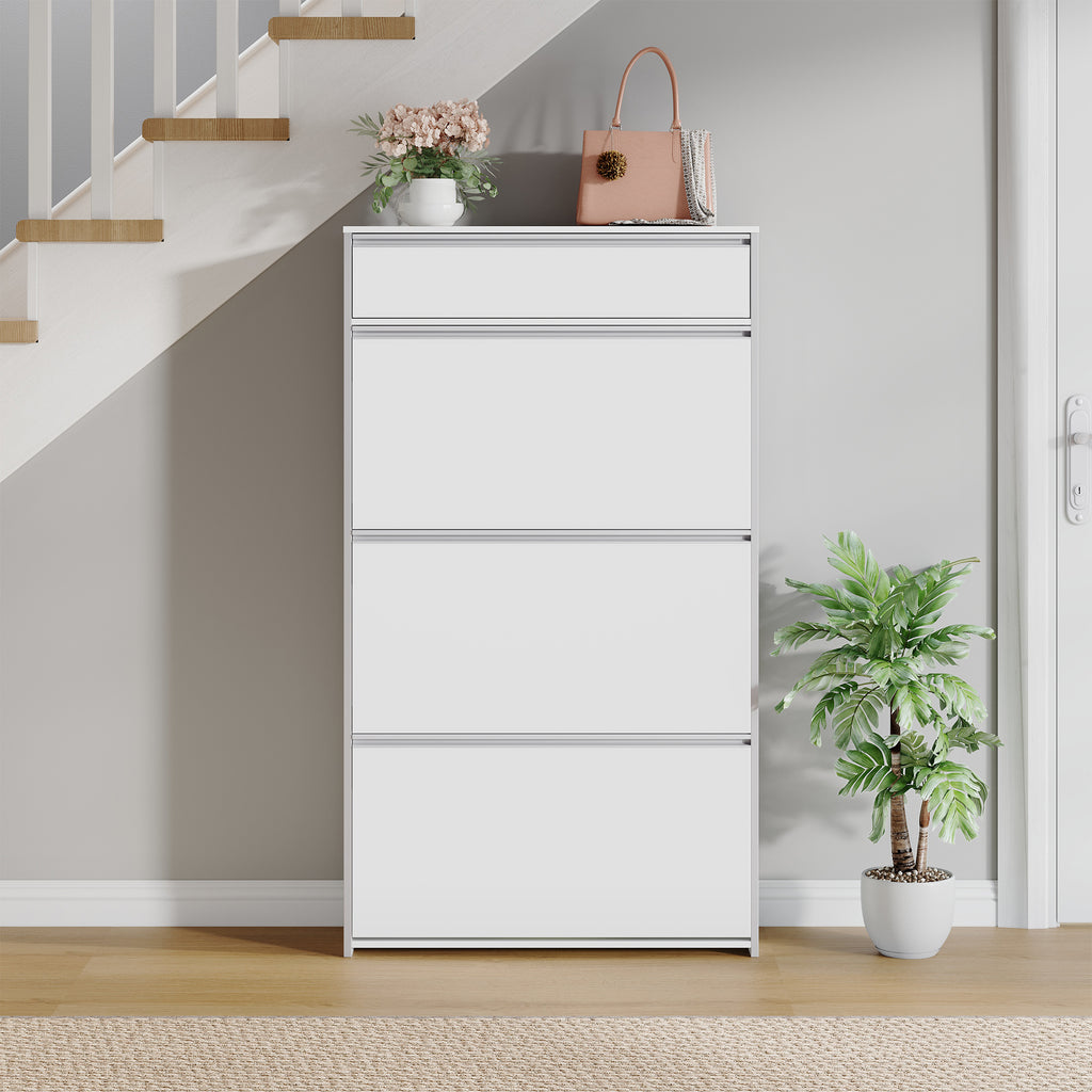 HEXCELEN Narrow Shoe Cabinet with 3 Hinged Doors, Shoe Cabinet, Shoe Rack with Drawer, Narrow Shoe Chest with 6 Shelves, Adjustable, for Hallway, Entrance, 80 x 24 x 137.5 cm,White-Silver780103W