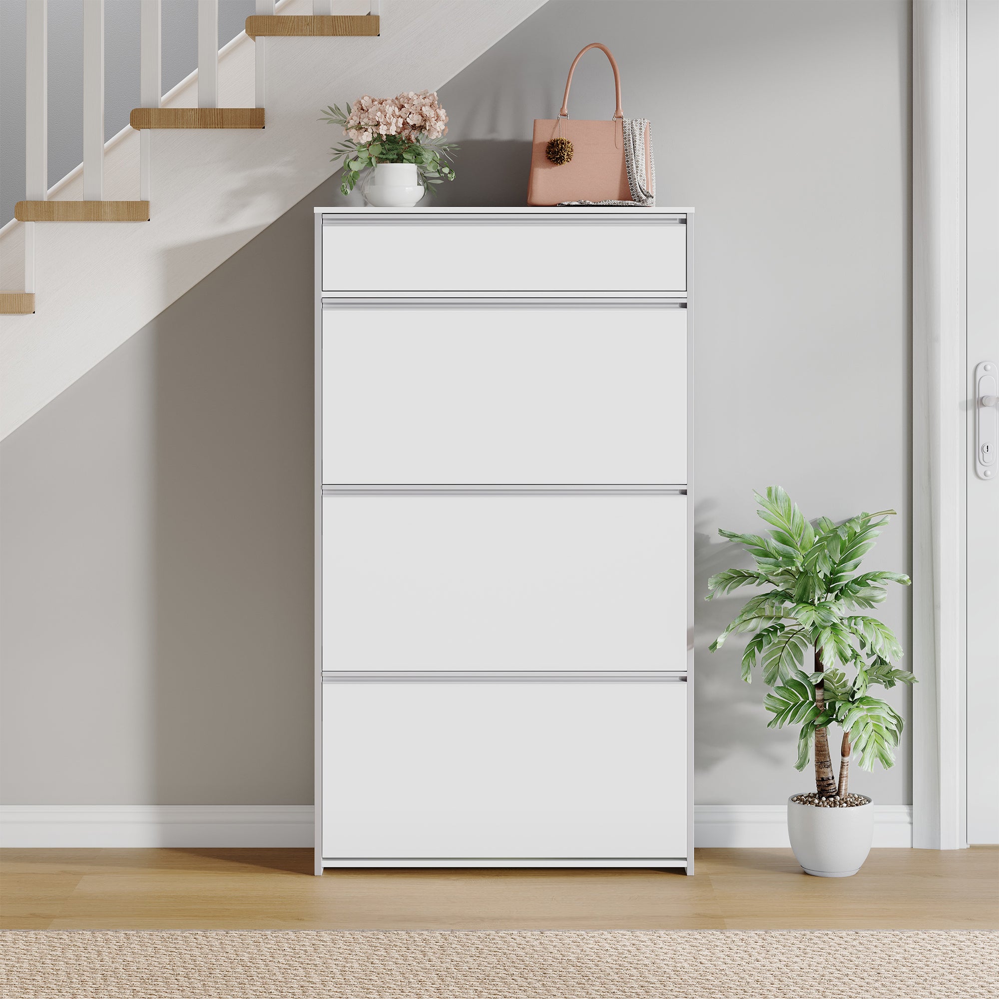 HEXCELEN Narrow Shoe Cabinet with 3 Hinged Doors, Shoe Cabinet, Shoe Rack with Drawer, Narrow Shoe Chest with 6 Shelves, Adjustable, for Hallway, Entrance, 80 x 24 x 137.5 cm,White-Silver780103W