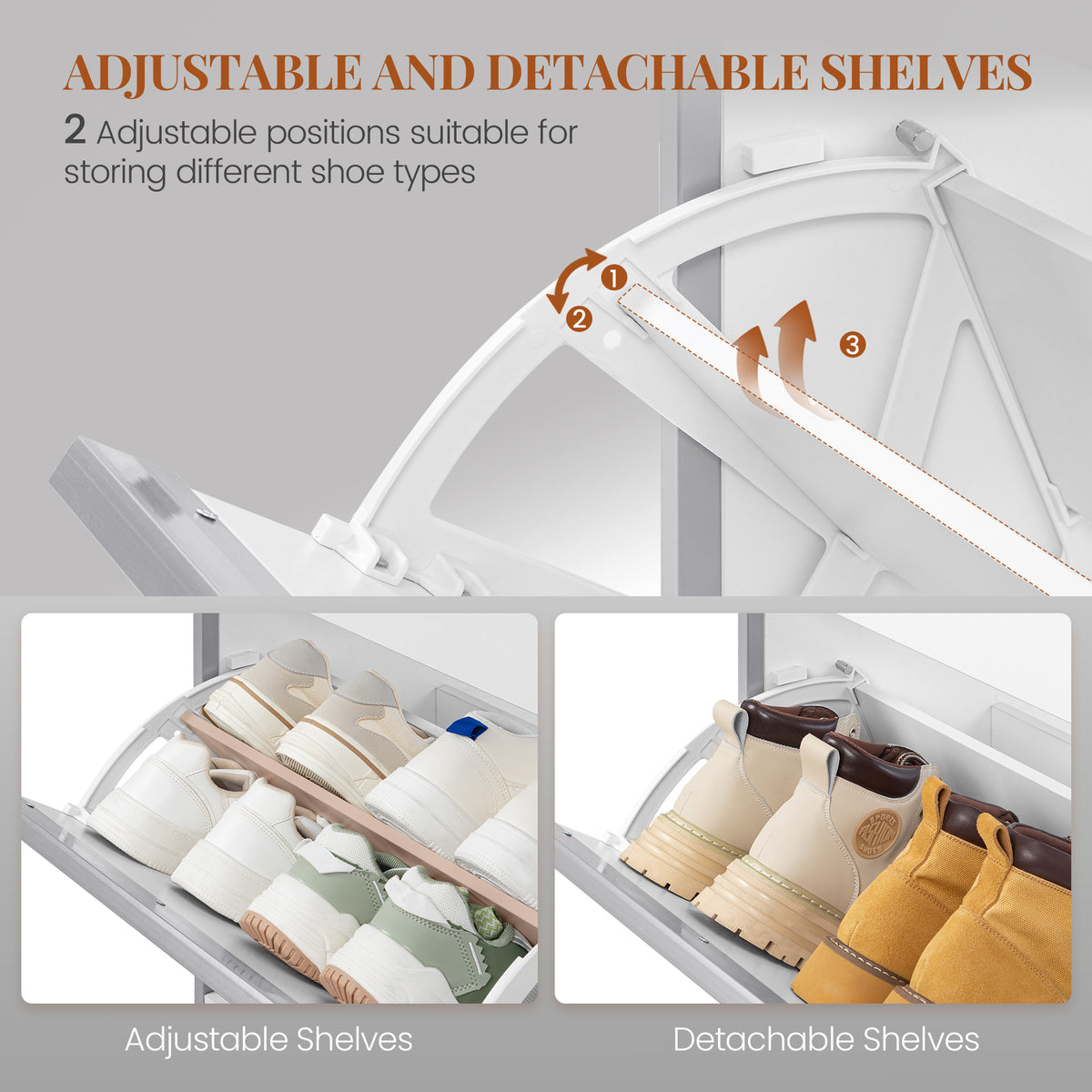 HEXCELEN Narrow Shoe Cabinet with 3 Hinged Doors, Shoe Cabinet, Shoe Rack with Drawer, Narrow Shoe Chest with 6 Shelves, Adjustable, for Hallway, Entrance, 80 x 24 x 137.5 cm,White-Silver780103W