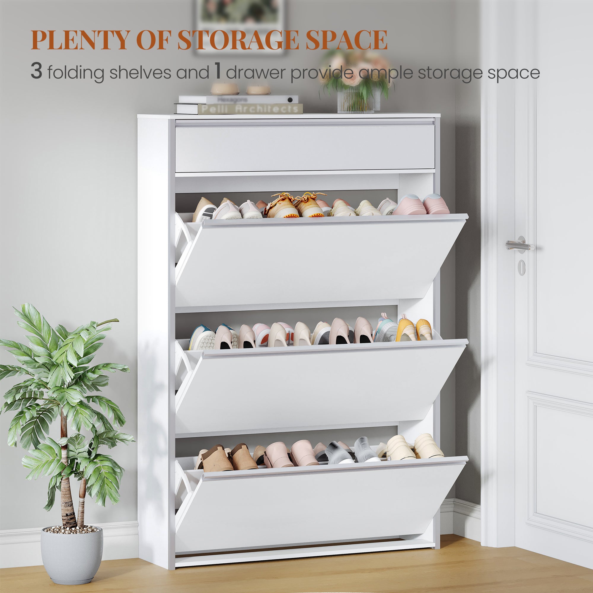 HEXCELEN Narrow Shoe Cabinet with 3 Hinged Doors, Shoe Cabinet, Shoe Rack with Drawer, Narrow Shoe Chest with 6 Shelves, Adjustable, for Hallway, Entrance, 80 x 24 x 137.5 cm,White-Silver780103W