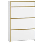 HEXCELEN Narrow Shoe Cabinet with 3 Hinged Doors, Shoe Cabinet, Shoe Rack with Drawer, Narrow Shoe Chest with 6 Shelves, Adjustable, for Hallway, Entrance, 80 x 24 x 137.5 cm, White gold,780103X