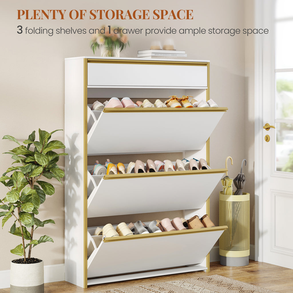 HEXCELEN Narrow Shoe Cabinet with 3 Hinged Doors, Shoe Cabinet, Shoe Rack with Drawer, Narrow Shoe Chest with 6 Shelves, Adjustable, for Hallway, Entrance, 80 x 24 x 137.5 cm, White gold,780103X