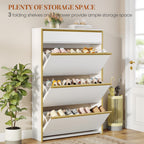 HEXCELEN Narrow Shoe Cabinet with 3 Hinged Doors, Shoe Cabinet, Shoe Rack with Drawer, Narrow Shoe Chest with 6 Shelves, Adjustable, for Hallway, Entrance, 80 x 24 x 137.5 cm, White gold,780103X