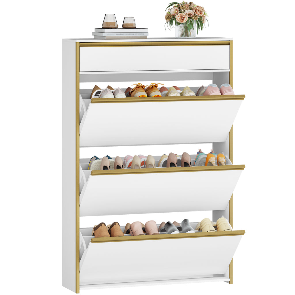 HEXCELEN Narrow Shoe Cabinet with 3 Hinged Doors, Shoe Cabinet, Shoe Rack with Drawer, Narrow Shoe Chest with 6 Shelves, Adjustable, for Hallway, Entrance, 80 x 24 x 137.5 cm, White gold,780103X