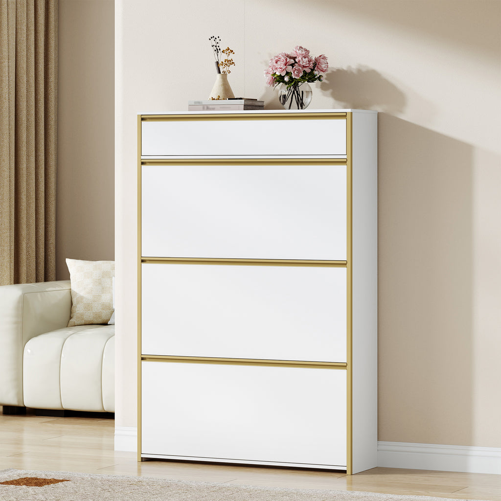 HEXCELEN Narrow Shoe Cabinet with 3 Hinged Doors, Shoe Cabinet, Shoe Rack with Drawer, Narrow Shoe Chest with 6 Shelves, Adjustable, for Hallway, Entrance, 80 x 24 x 137.5 cm, White gold,780103X