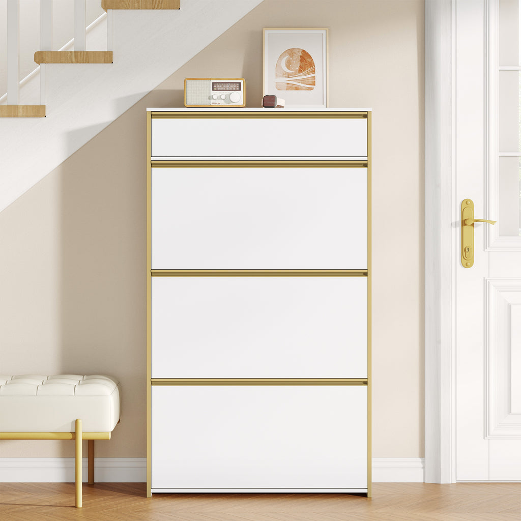 HEXCELEN Narrow Shoe Cabinet with 3 Hinged Doors, Shoe Cabinet, Shoe Rack with Drawer, Narrow Shoe Chest with 6 Shelves, Adjustable, for Hallway, Entrance, 80 x 24 x 137.5 cm, White gold,780103X