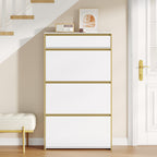 HEXCELEN Narrow Shoe Cabinet with 3 Hinged Doors, Shoe Cabinet, Shoe Rack with Drawer, Narrow Shoe Chest with 6 Shelves, Adjustable, for Hallway, Entrance, 80 x 24 x 137.5 cm, White gold,780103X