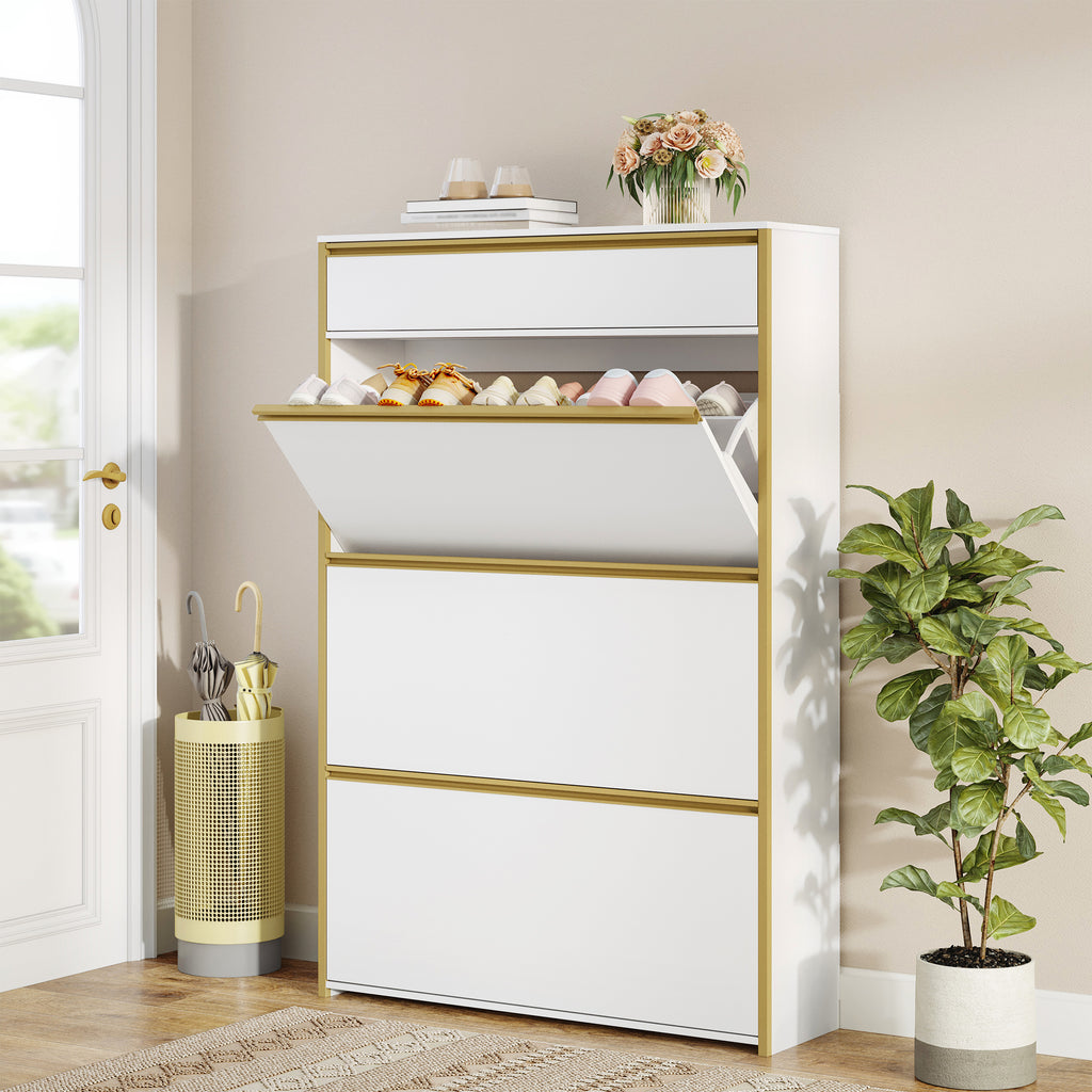 HEXCELEN Narrow Shoe Cabinet with 3 Hinged Doors, Shoe Cabinet, Shoe Rack with Drawer, Narrow Shoe Chest with 6 Shelves, Adjustable, for Hallway, Entrance, 80 x 24 x 137.5 cm, White gold,780103X