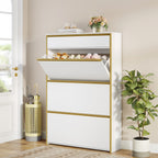 HEXCELEN Narrow Shoe Cabinet with 3 Hinged Doors, Shoe Cabinet, Shoe Rack with Drawer, Narrow Shoe Chest with 6 Shelves, Adjustable, for Hallway, Entrance, 80 x 24 x 137.5 cm, White gold,780103X