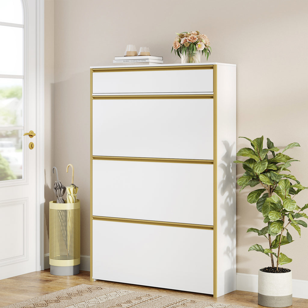 HEXCELEN Narrow Shoe Cabinet with 3 Hinged Doors, Shoe Cabinet, Shoe Rack with Drawer, Narrow Shoe Chest with 6 Shelves, Adjustable, for Hallway, Entrance, 80 x 24 x 137.5 cm, White gold,780103X