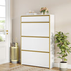 HEXCELEN Narrow Shoe Cabinet with 3 Hinged Doors, Shoe Cabinet, Shoe Rack with Drawer, Narrow Shoe Chest with 6 Shelves, Adjustable, for Hallway, Entrance, 80 x 24 x 137.5 cm, White gold,780103X