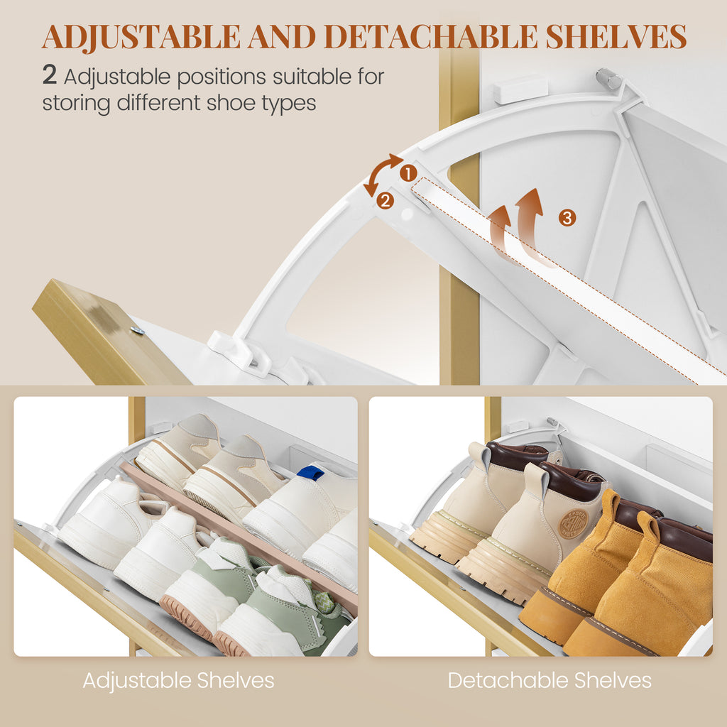 HEXCELEN Narrow Shoe Cabinet with 3 Hinged Doors, Shoe Cabinet, Shoe Rack with Drawer, Narrow Shoe Chest with 6 Shelves, Adjustable, for Hallway, Entrance, 80 x 24 x 137.5 cm, White gold,780103X