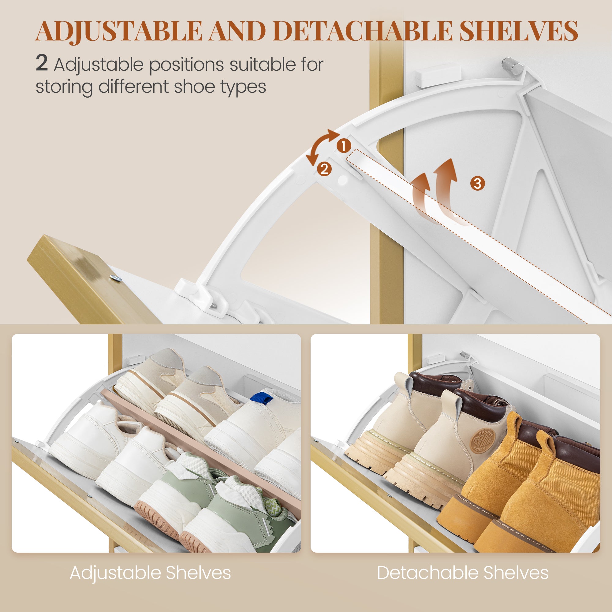 HEXCELEN Narrow Shoe Cabinet with 3 Hinged Doors, Shoe Cabinet, Shoe Rack with Drawer, Narrow Shoe Chest with 6 Shelves, Adjustable, for Hallway, Entrance, 80 x 24 x 137.5 cm, White gold,780103X
