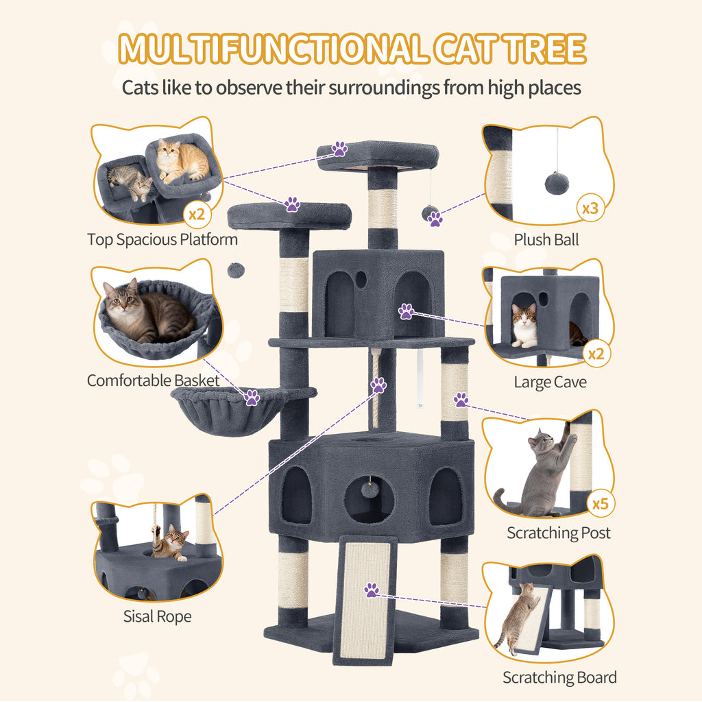 Hzuaneri Cat Tree for Indoor Cats, 174cm Cat Tower for Large Cats, 2 Platforms, 2 Caves, 4 Sisal Posts, Scratching Board, Cat Basket, Sisal Rope, Heavy-Duty for multiple cats, Dark Grey MS17418SG