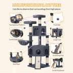 Hzuaneri Cat Tree for Indoor Cats, 174cm Cat Tower for Large Cats, 2 Platforms, 2 Caves, 4 Sisal Posts, Scratching Board, Cat Basket, Sisal Rope, Heavy-Duty for multiple cats, Dark Grey MS17418SG