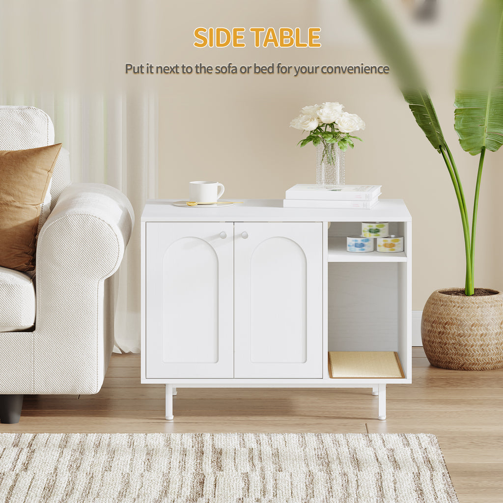 Hzuaneri Cat Litter Box Enclosure, Hidden Litter Box Furniture with Scratching Mat, Wooden Pet House Side End Table, Tall Legs, Double Doors, 80 x 50 x 61 cm, White CB01513W
