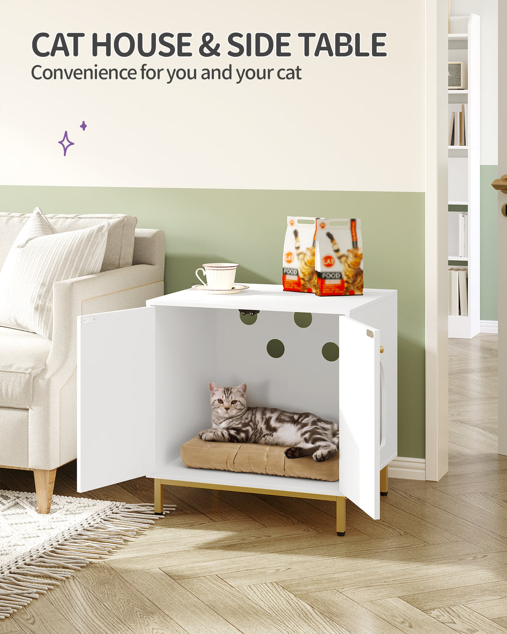Hzuaneri Cat Cabinet, Cat Litter Box, Cat Toilet Cabinet, Cat House with Door, Wooden Side Table for Pet House White and Gold