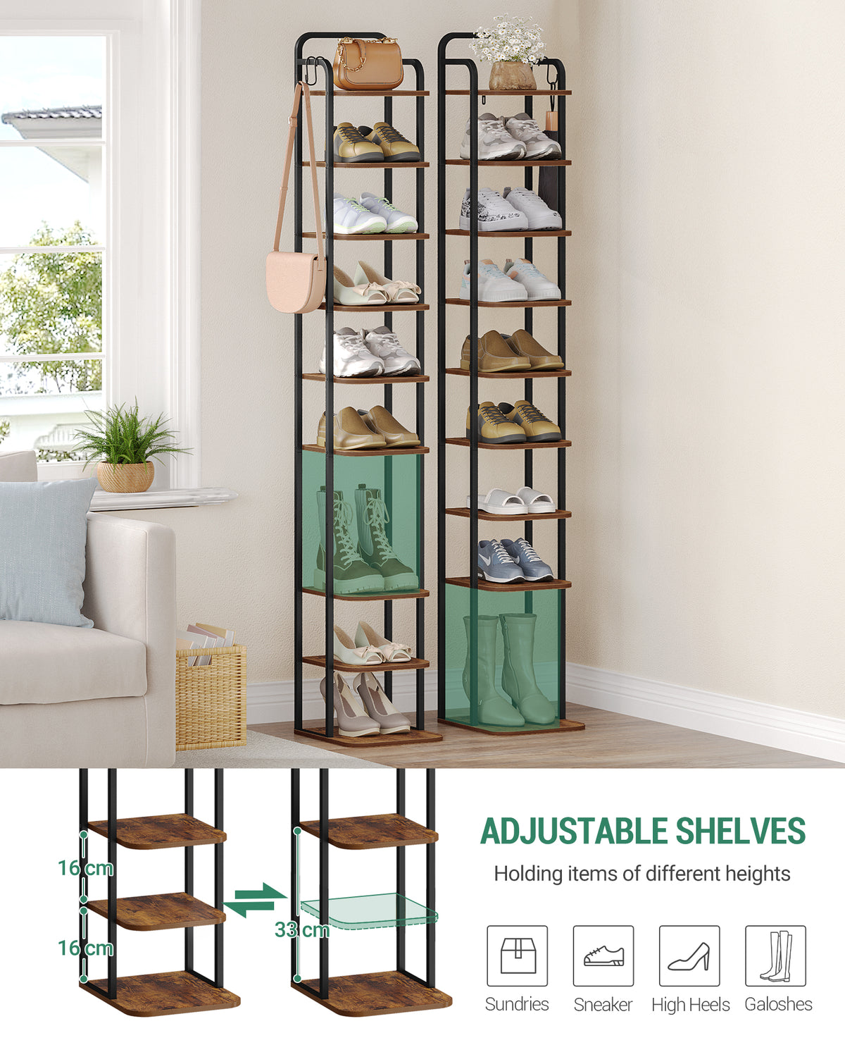 HEXCELEN  Adjustable Shoe Rack - Space-Saving Shoe Tower for Small Spaces