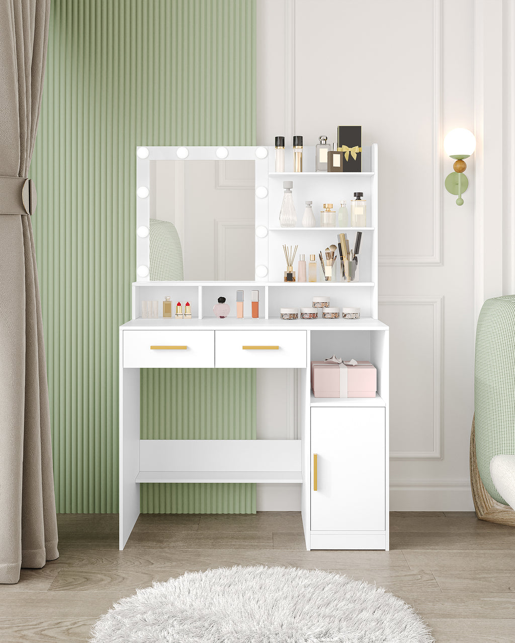 HEXCELEN Dressing Table with LED Lights Mirror, Adjustable Brightness, 2 Drawers & Cabinet, White