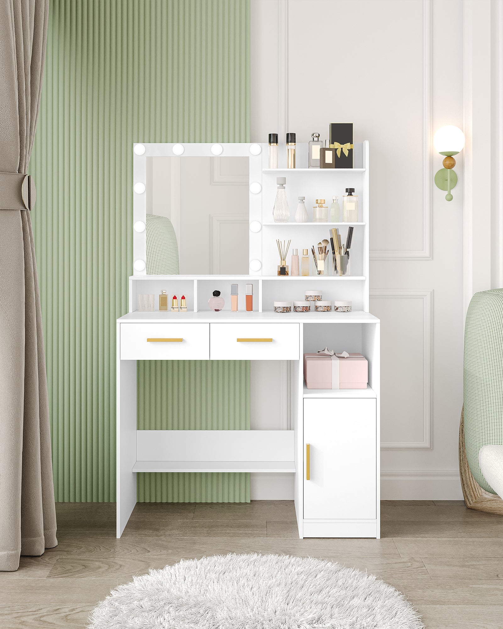 HEXCELEN Dressing Table with LED Lights Mirror, Adjustable Brightness, 2 Drawers & Cabinet, White