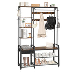 Hzuaneri Hall Tree, Coat Rack with 3-Tier Storage Bench and 1 Drawer, 5-in-1 Entryway Bench with 17 Hooks, 1 Hanging Rod, 4-Tier Side Shelves, Rustic Brown HT03501B