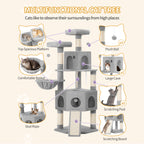 Hzuaneri Cat Tree for Indoor Cats, 174cm Cat Tower for Large Cats, 2 Platforms, 2 Caves, 4 Sisal Posts, Scratching Board, Cat Basket, Sisal Rope, Heavy-Duty for multiple cats, Light Grey MS17418LG