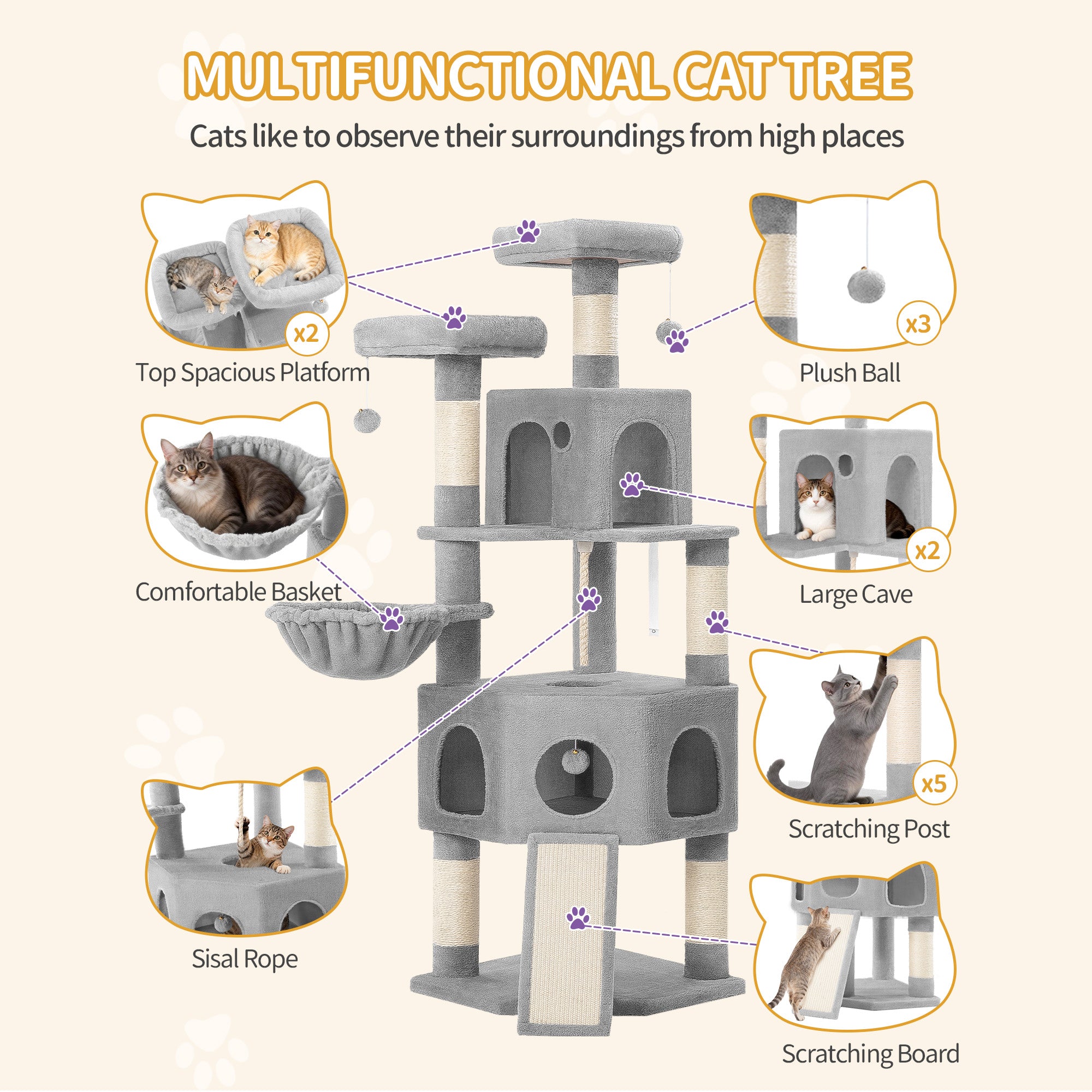 Hzuaneri Cat Tree for Indoor Cats, 174cm Cat Tower for Large Cats, 2 Platforms, 2 Caves, 4 Sisal Posts, Scratching Board, Cat Basket, Sisal Rope, Heavy-Duty for multiple cats, Light Grey MS17418LG