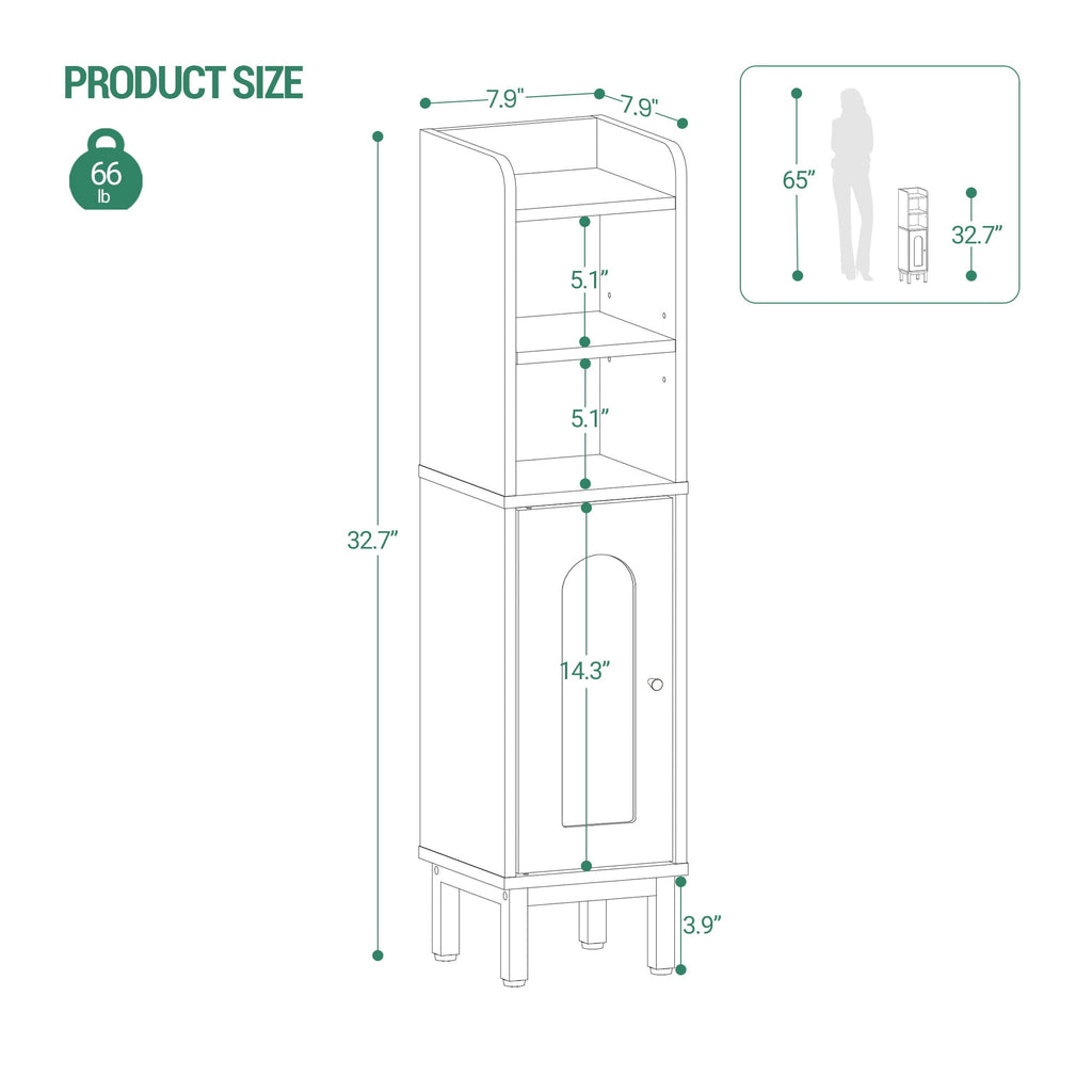 Hzuaneri Bathroom Storage Cabinet, 32.7" Tall Space‑Saving Corner Freestanding Floor Organizer with Door, Adjustable Shelves & Built‑in Toilet Paper Holder for Small Spaces, Rustic Greige
