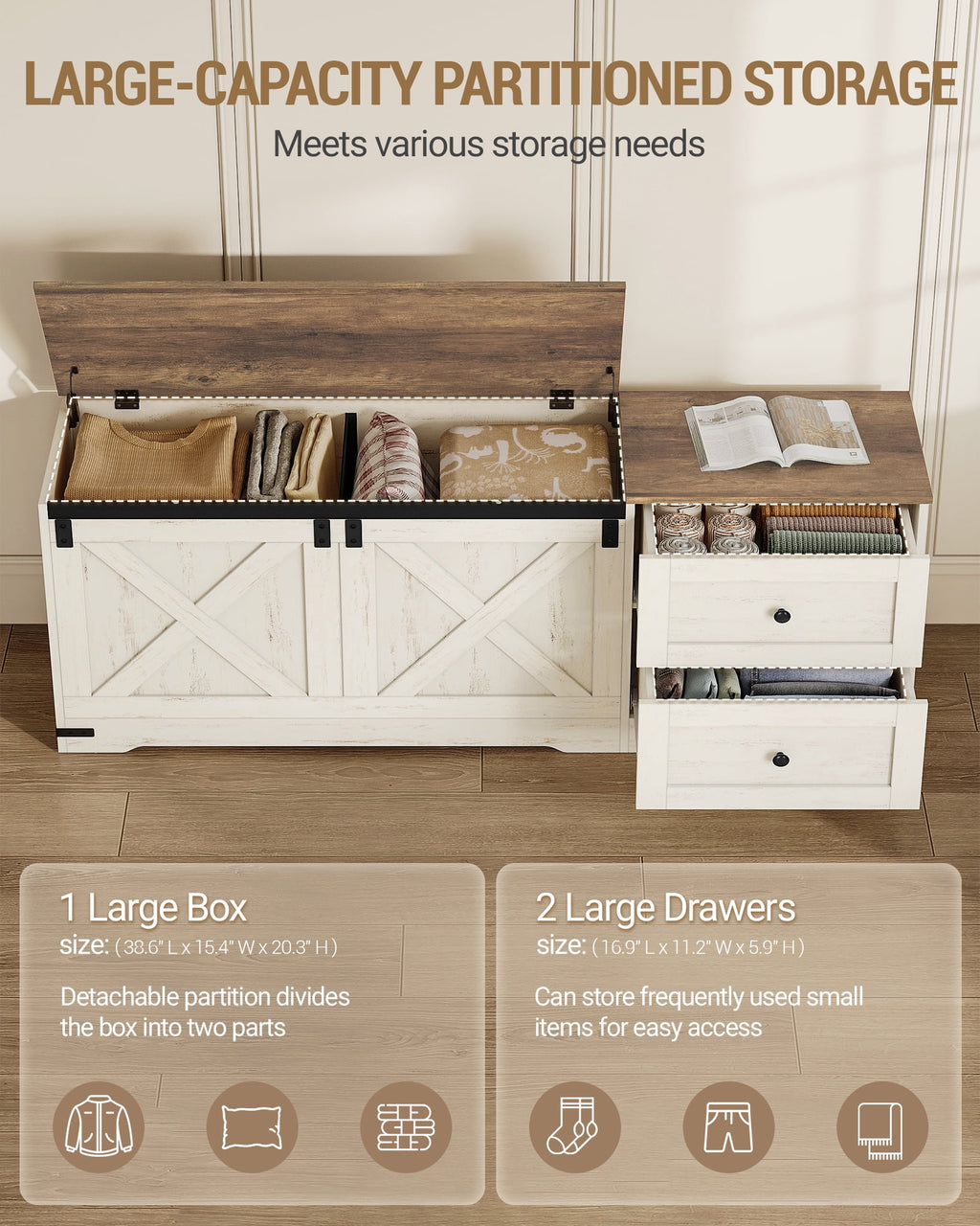 Storage Bench 58" with Double Drawers, Farmhouse Storage Trunk for Entryway and Bedroom, Antique White