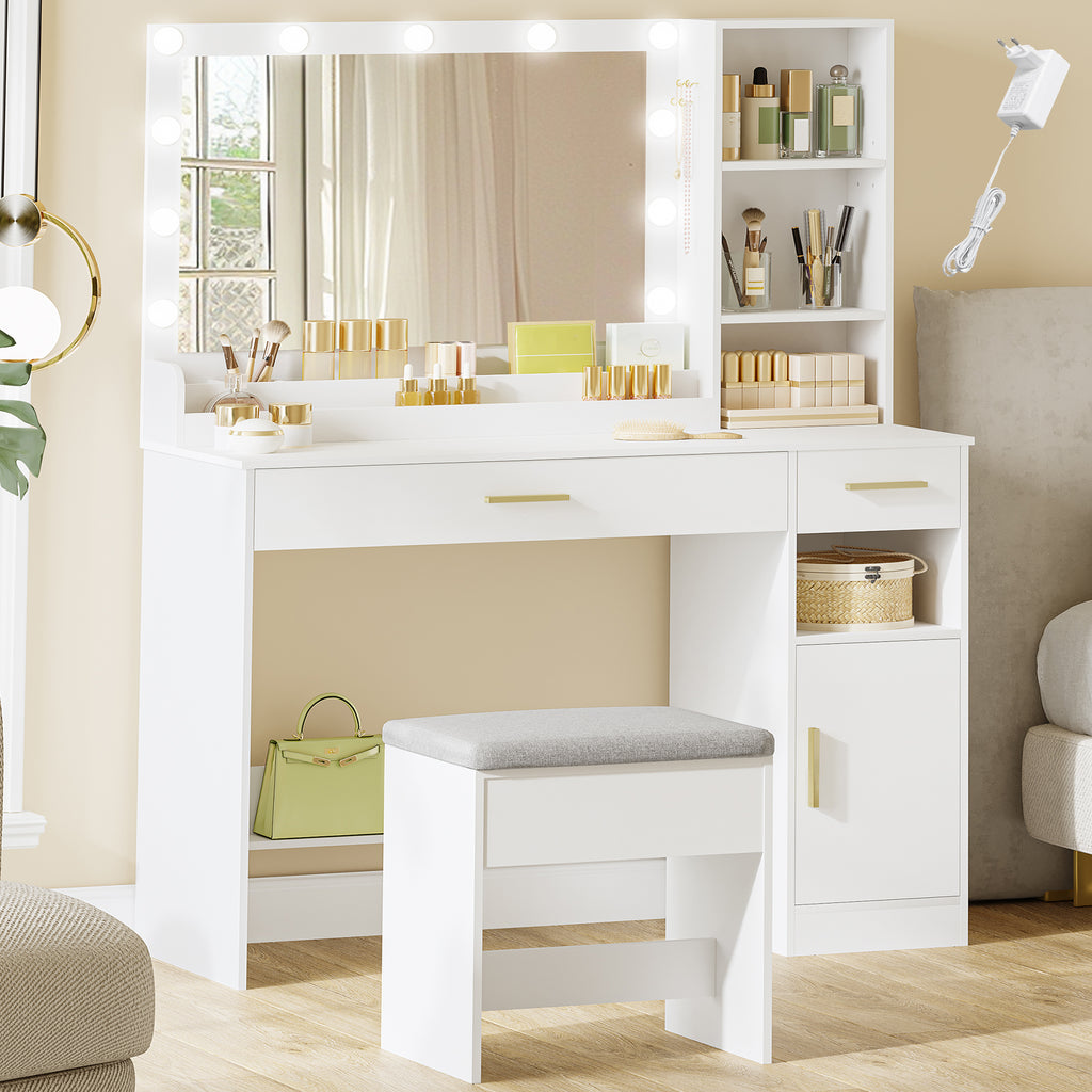 HEXCELEN Dressing Table with Stool, Large Mirror, Vanity Table with 2 Drawers, 4 Open Shelves and Cabinet, for Bedroom and Dressing Room, White,108103X