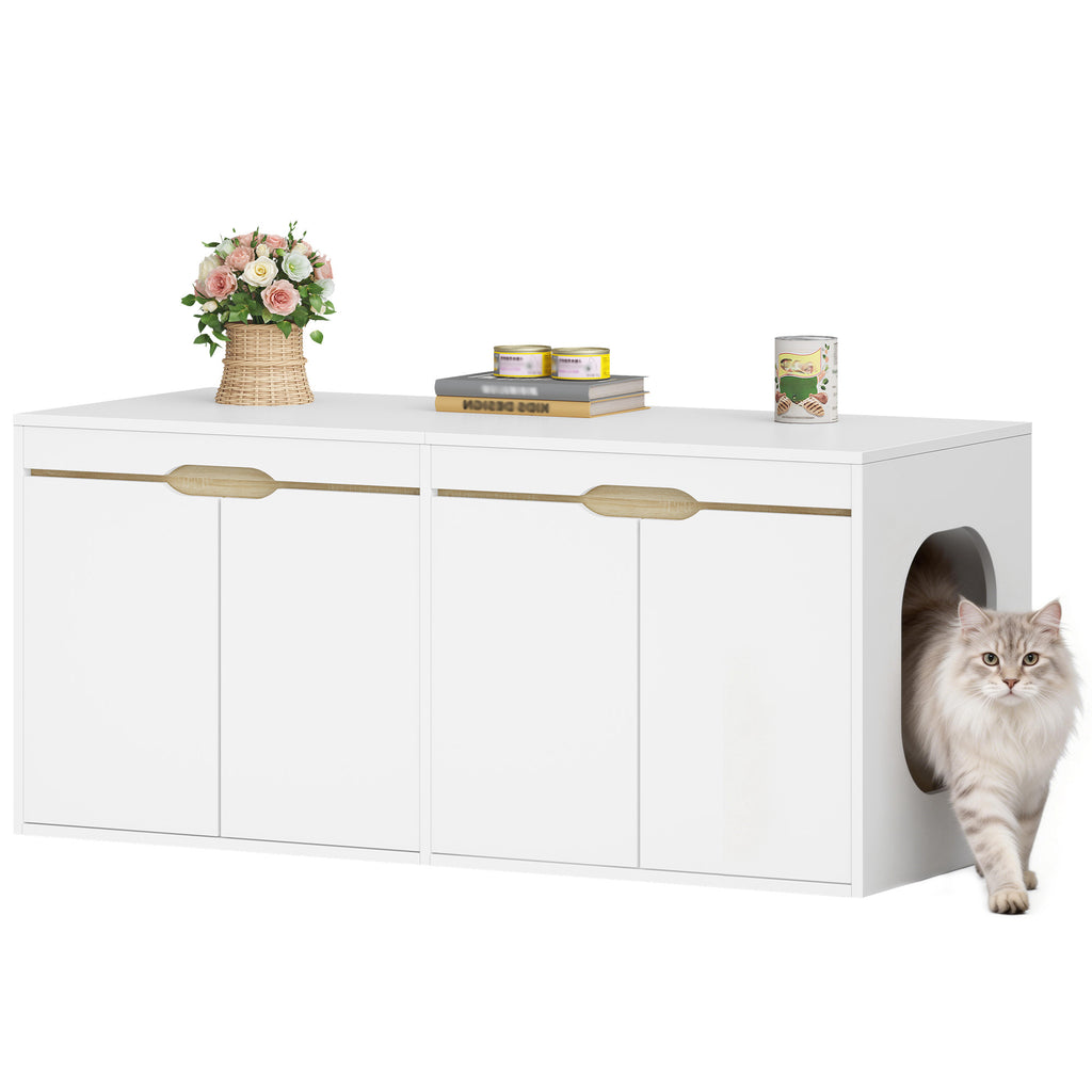 HEXCELEN Cat Litter Tray Cabinet, Cat Cabinet for 2 Cats, Hidden Cat Litter Box Cabinet, Double Door, Can Be Used as a TV Cabinet, 120 x 50 x 53.4 cm, White Oak and White,840103X