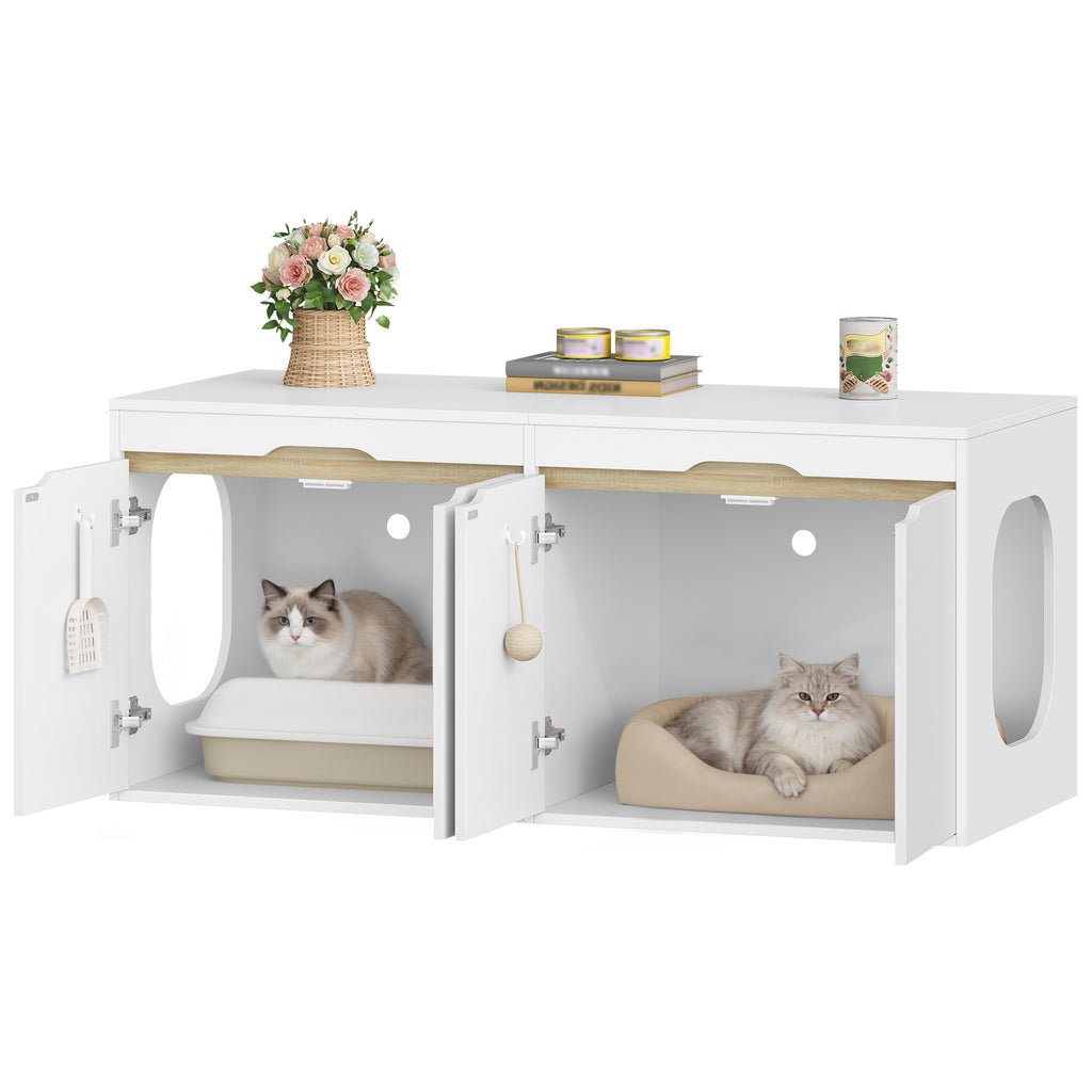 HEXCELEN Cat Litter Tray Cabinet, Cat Cabinet for 2 Cats, Hidden Cat Litter Box Cabinet, Double Door, Can Be Used as a TV Cabinet, 120 x 50 x 53.4 cm, White Oak and White,840103X