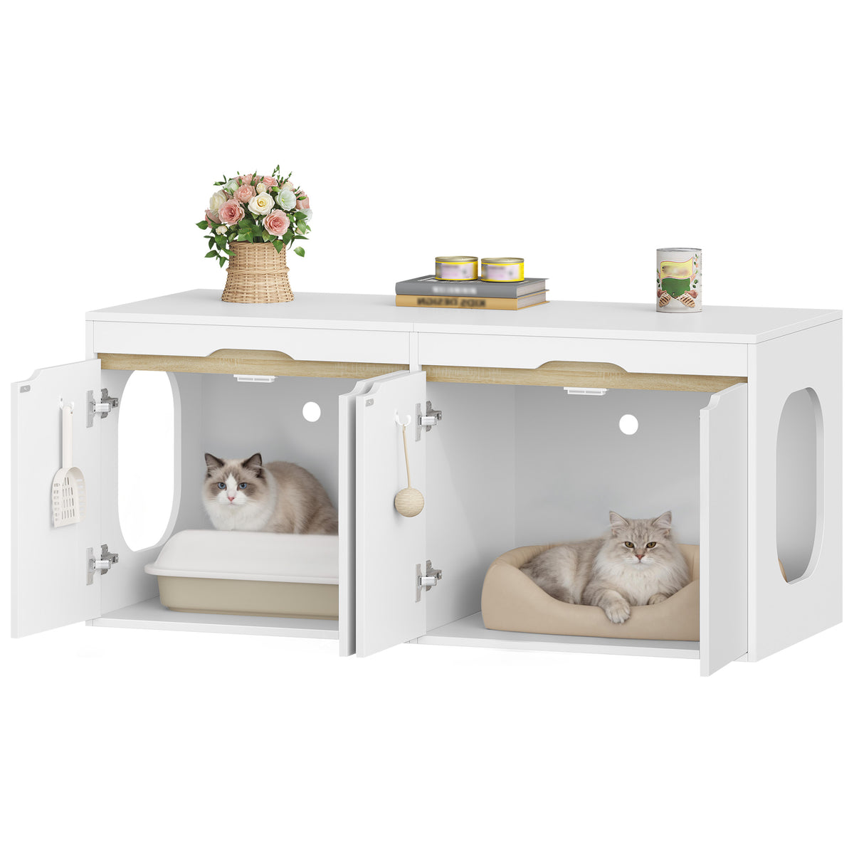 HEXCELEN Cat Litter Tray Cabinet, Cat Cabinet for 2 Cats, Hidden Cat Litter Box Cabinet, Double Door, Can Be Used as a TV Cabinet, 120 x 50 x 53.4 cm, White Oak and White,840103X
