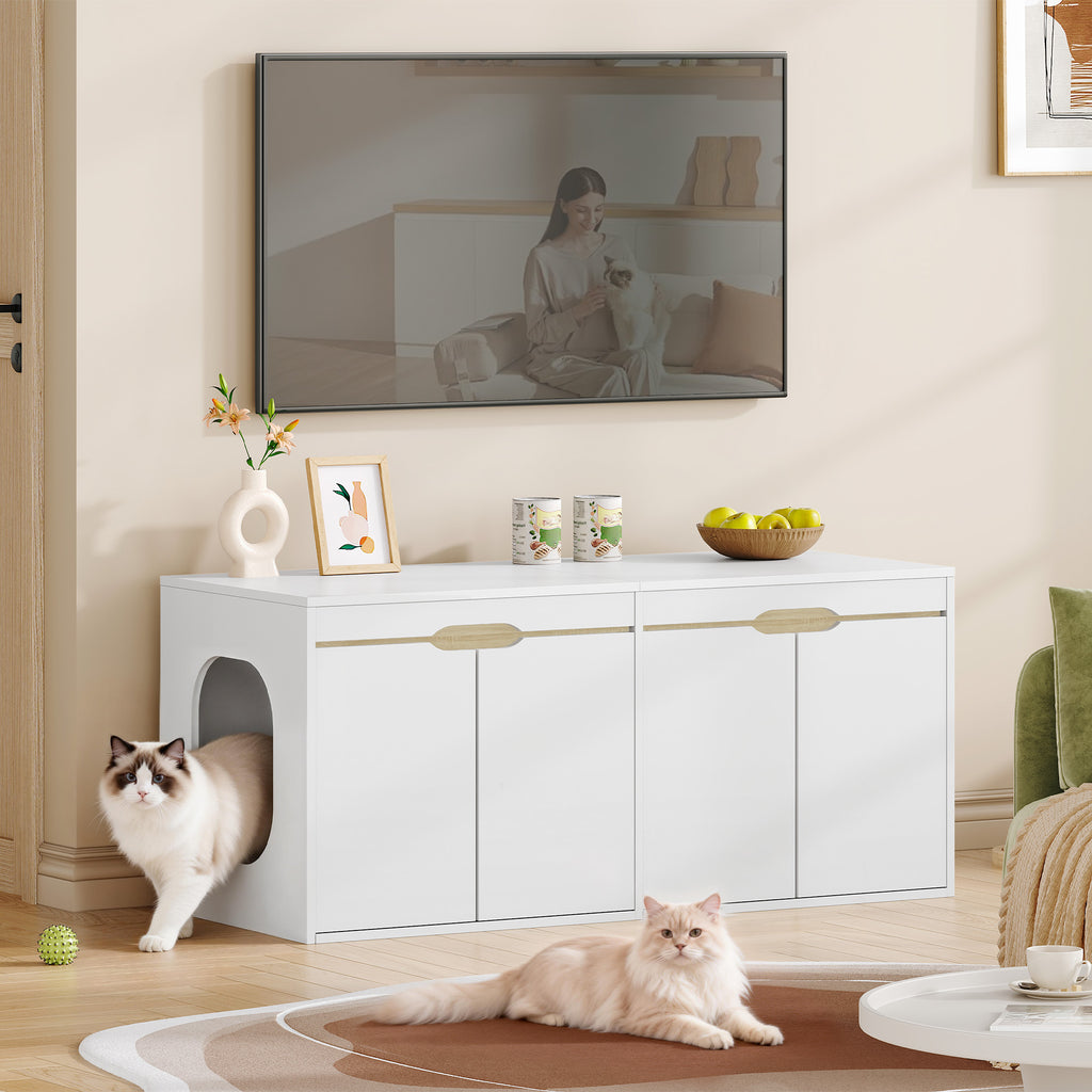 HEXCELEN Cat Litter Tray Cabinet, Cat Cabinet for 2 Cats, Hidden Cat Litter Box Cabinet, Double Door, Can Be Used as a TV Cabinet, 120 x 50 x 53.4 cm, White Oak and White,840103X