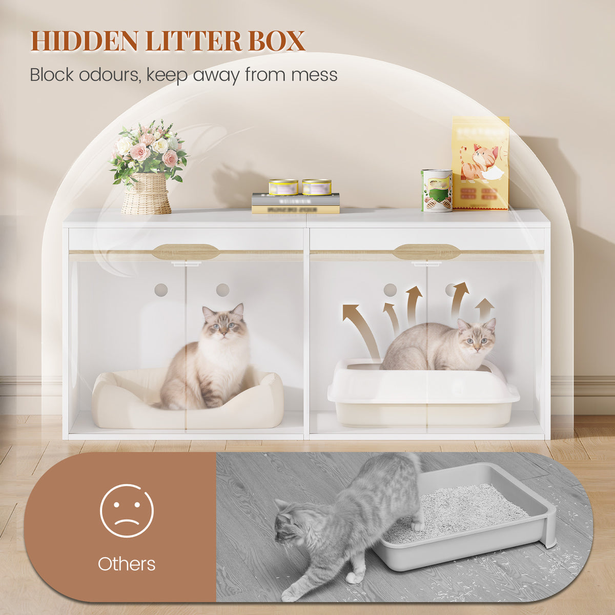 HEXCELEN Cat Litter Tray Cabinet, Cat Cabinet for 2 Cats, Hidden Cat Litter Box Cabinet, Double Door, Can Be Used as a TV Cabinet, 120 x 50 x 53.4 cm, White Oak and White,840103X