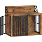 39.4" Large wooden dog crate, Indoor Dog Kennel with Barn Door for Medium/Large Dogs, 3 Doors dog Crate Furniture with Storage, Rustic Brown