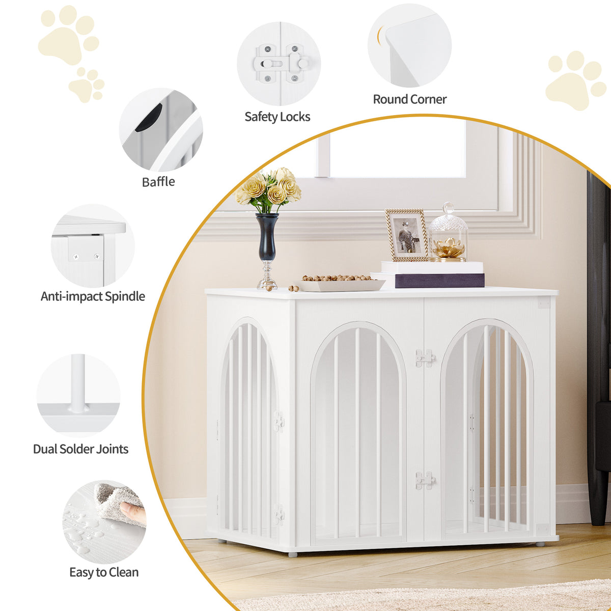 Hzuaneri Dog Cage Furniture, 68cm Dog Box for Home, 3 Doors, Arched Door, Modern Indoor Dog Crate for Dogs, Side Table, Heavy Duty Dog Cage, 68 x 49 x 56 cm, White DFC85513W