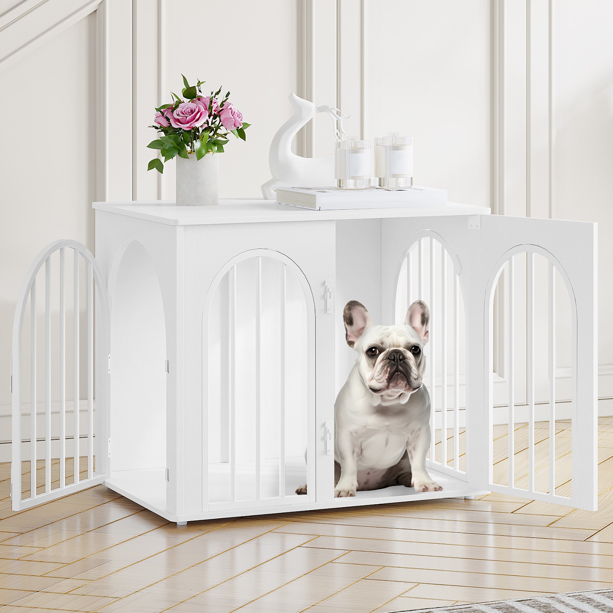 Hzuaneri Dog Cage Furniture, 68cm Dog Box for Home, 3 Doors, Arched Door, Modern Indoor Dog Crate for Dogs, Side Table, Heavy Duty Dog Cage, 68 x 49 x 56 cm, White DFC85513W
