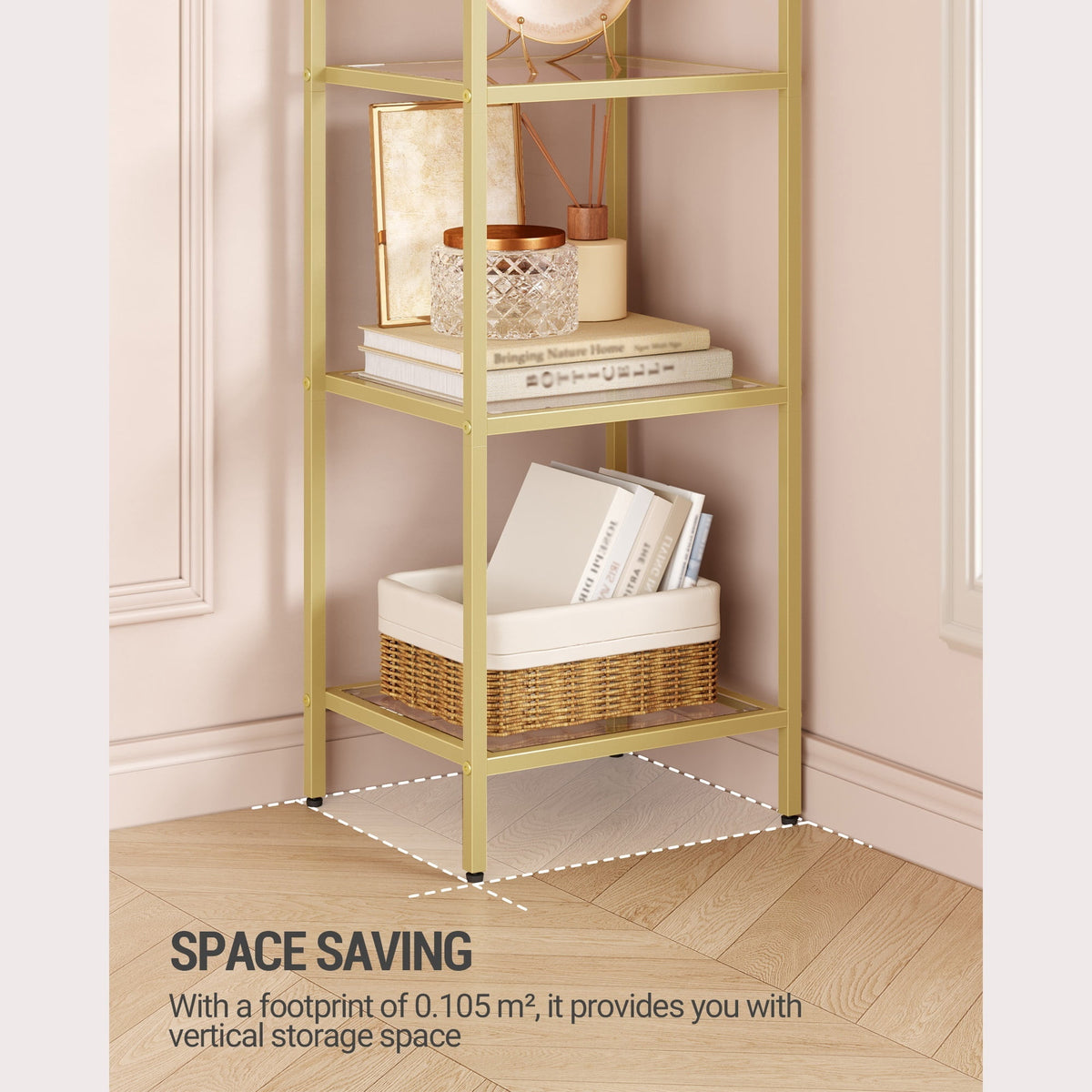 Hzuaneri 5-Tier Tall Bookshelf, Arched Bookcase with Tempered Glass Shelves, Modern Arched Display Racks for Bedroom, Bathroom, Home Office, Steel Frame, Gold, 11.8"D x 13.7"W x 59"H