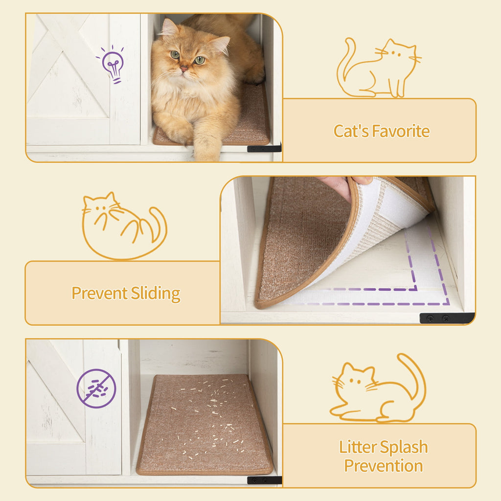 Cat Litter Box Enclosure, Wooden Hidden Cabinet with Storage and Scratch Pad, Farmhouse Style, Rustic Brown and White
