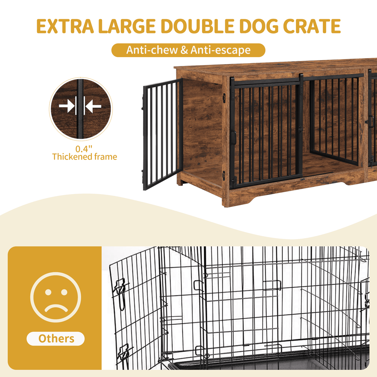 Hzuaneri 78" Large Double Dog Crate Furniture, Indoor Dog Kennel Furniture for 2 Dogs with Divider, Dual Sliding Barn Doors, Heavy Duty Dog Cage Furniture as TV Stand
