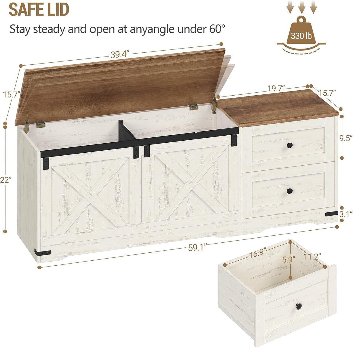 Storage Bench 58" with Double Drawers, Farmhouse Storage Trunk for Entryway and Bedroom, Antique White