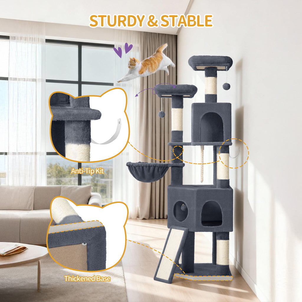 Hzuaneri Cat Tree for Indoor Cats, 174cm Cat Tower for Large Cats, 2 Platforms, 2 Caves, 4 Sisal Posts, Scratching Board, Cat Basket, Sisal Rope, Heavy-Duty for multiple cats, Dark Grey MS17418SG
