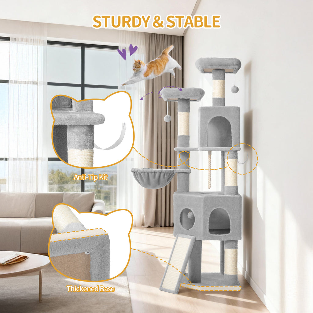 Hzuaneri Cat Tree for Indoor Cats, 174cm Cat Tower for Large Cats, 2 Platforms, 2 Caves, 4 Sisal Posts, Scratching Board, Cat Basket, Sisal Rope, Heavy-Duty for multiple cats, Light Grey MS17418LG