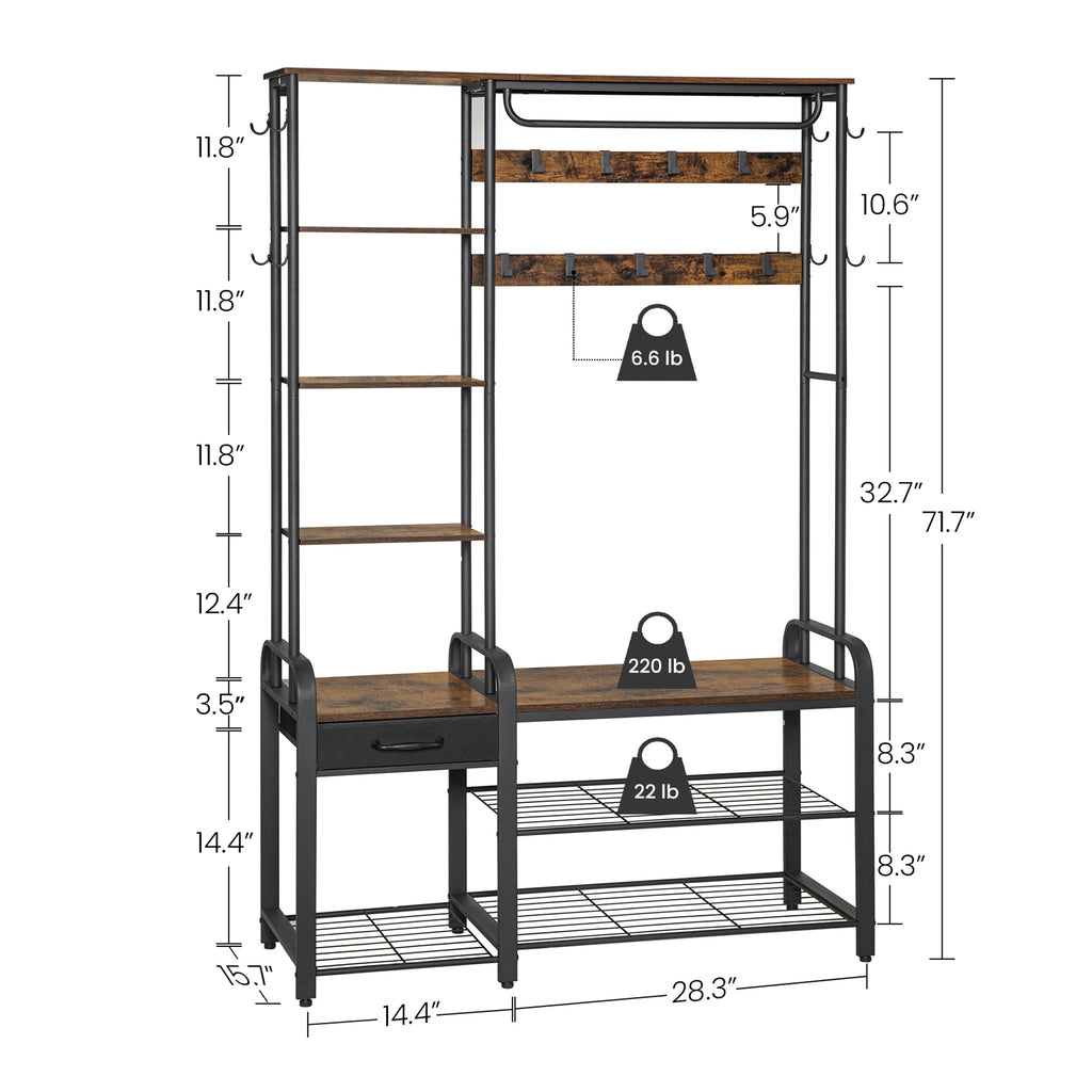 Hzuaneri Hall Tree, Coat Rack with 3-Tier Storage Bench and 1 Drawer, 5-in-1 Entryway Bench with 17 Hooks, 1 Hanging Rod, 4-Tier Side Shelves, Rustic Brown HT03501B