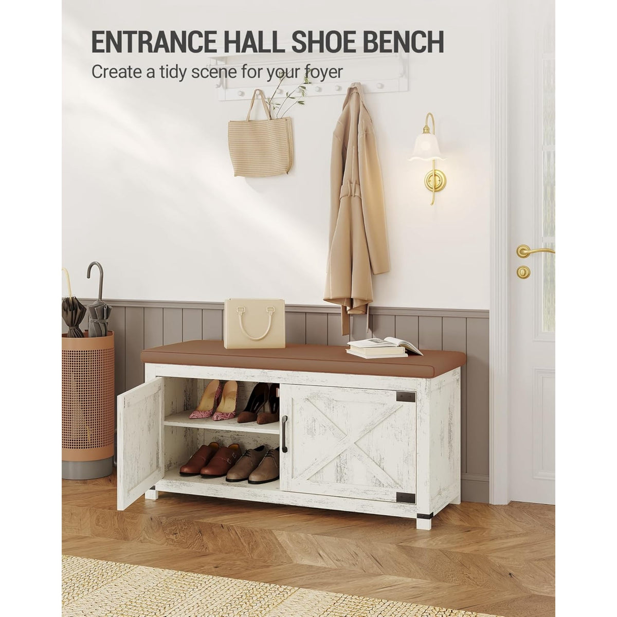 Hzuaneri 39.4" Shoe Storage Bench with Padded Seat and Barn Doors for Entryway, Shoe Rack Bench with Adjustable Shelf, Antique White