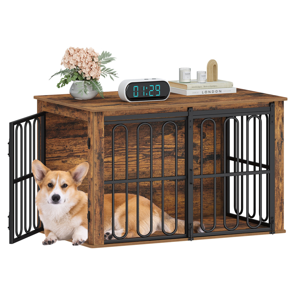 HEXCELEN Wooden Dog Cage Furniture, 100 cm Dog Crate for Home, Dog Cage with 2 Doors, Sliding Doors, for Small, Medium Dogs, Heavy Duty Side Table, 100 x 60 x 62.4 cm, Brown,910101B