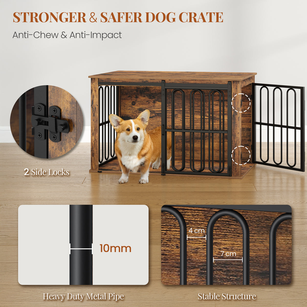 HEXCELEN Wooden Dog Cage Furniture, 100 cm Dog Crate for Home, Dog Cage with 2 Doors, Sliding Doors, for Small, Medium Dogs, Heavy Duty Side Table, 100 x 60 x 62.4 cm, White Brown,910114B