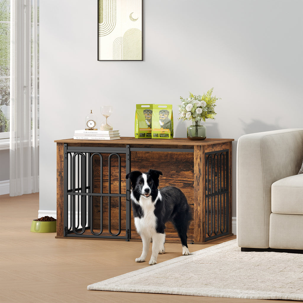 HEXCELEN Wooden Dog Cage Furniture, 100 cm Dog Crate for Home, Dog Cage with 2 Doors, Sliding Doors, for Small, Medium Dogs, Heavy Duty Side Table, 100 x 60 x 62.4 cm, White Brown,910114B