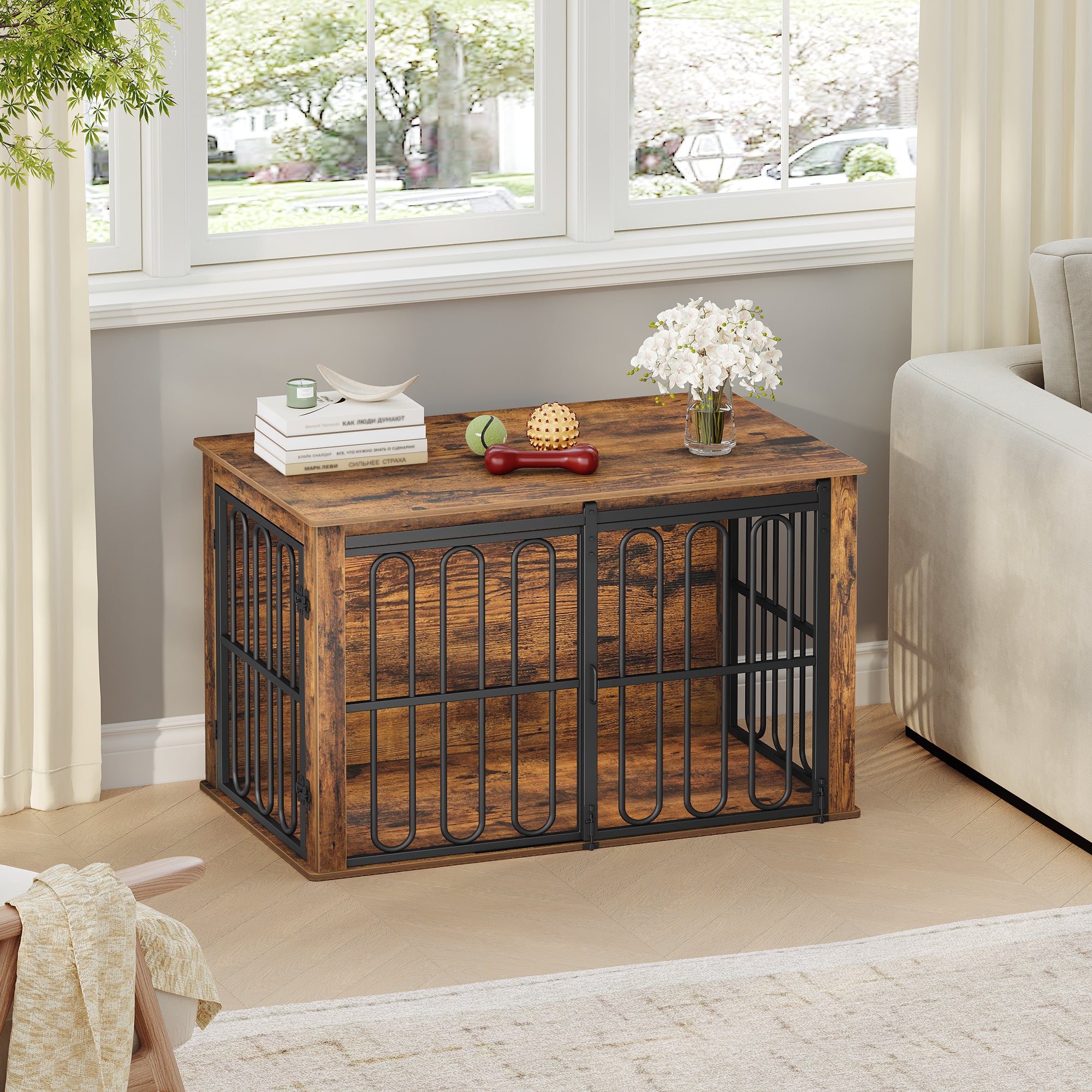 HEXCELEN Wooden Dog Cage Furniture, 100 cm Dog Crate for Home, Dog Cage with 2 Doors, Sliding Doors, for Small, Medium Dogs, Heavy Duty Side Table, 100 x 60 x 62.4 cm, Brown,910101B